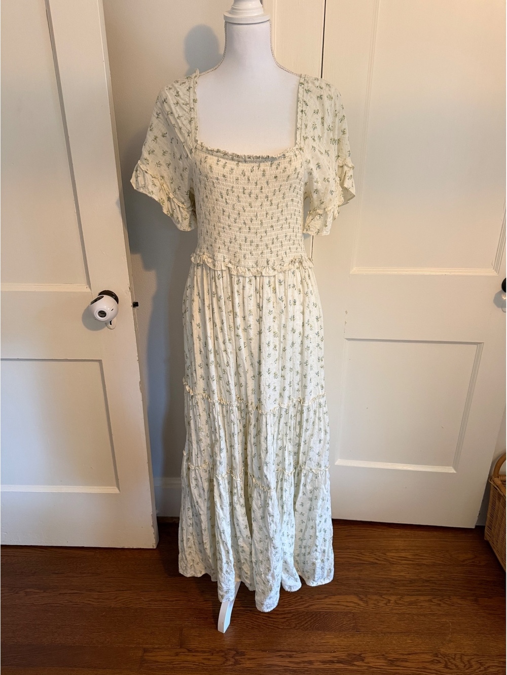Vintage Style Cream Floral Maxi Dress with Smocked Bodice